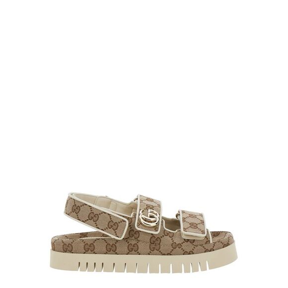 Gucci Beige Sandals With Gg Logo And Velcro Strap Closure In Gg